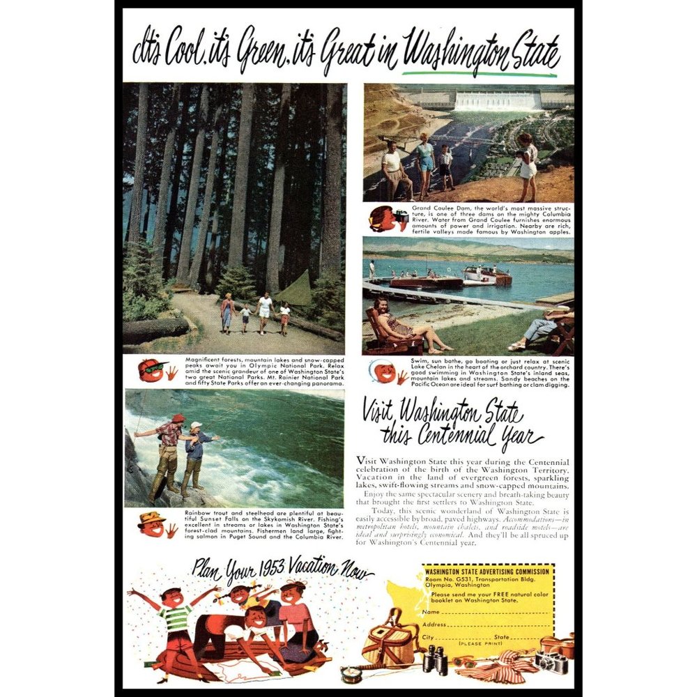 1953 Washington State Vacation Vintage Print Ad Olympic National Park Wall Art